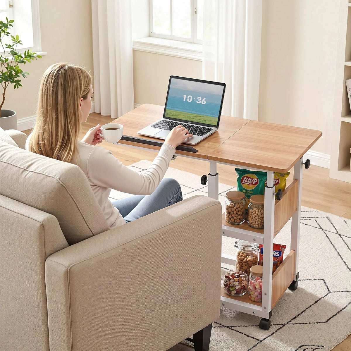 Artiss 3 Tier Adjustable Laptop Desk Tiltable Mobile Side Table Wheels Oak - Image 4