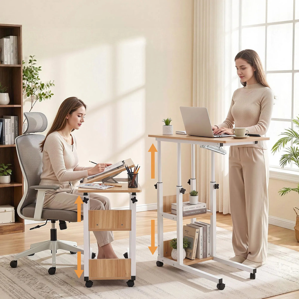Artiss 3 Tier Adjustable Laptop Desk Tiltable Mobile Side Table Wheels Oak - Image 5