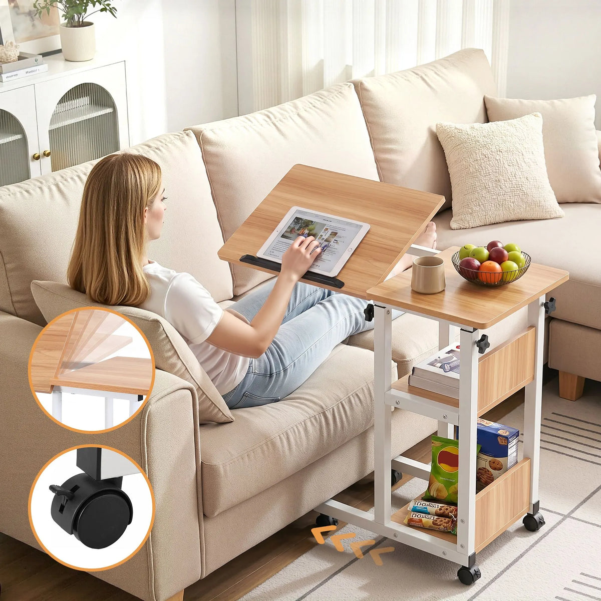 Artiss 3 Tier Adjustable Laptop Desk Tiltable Mobile Side Table Wheels Oak - Image 6