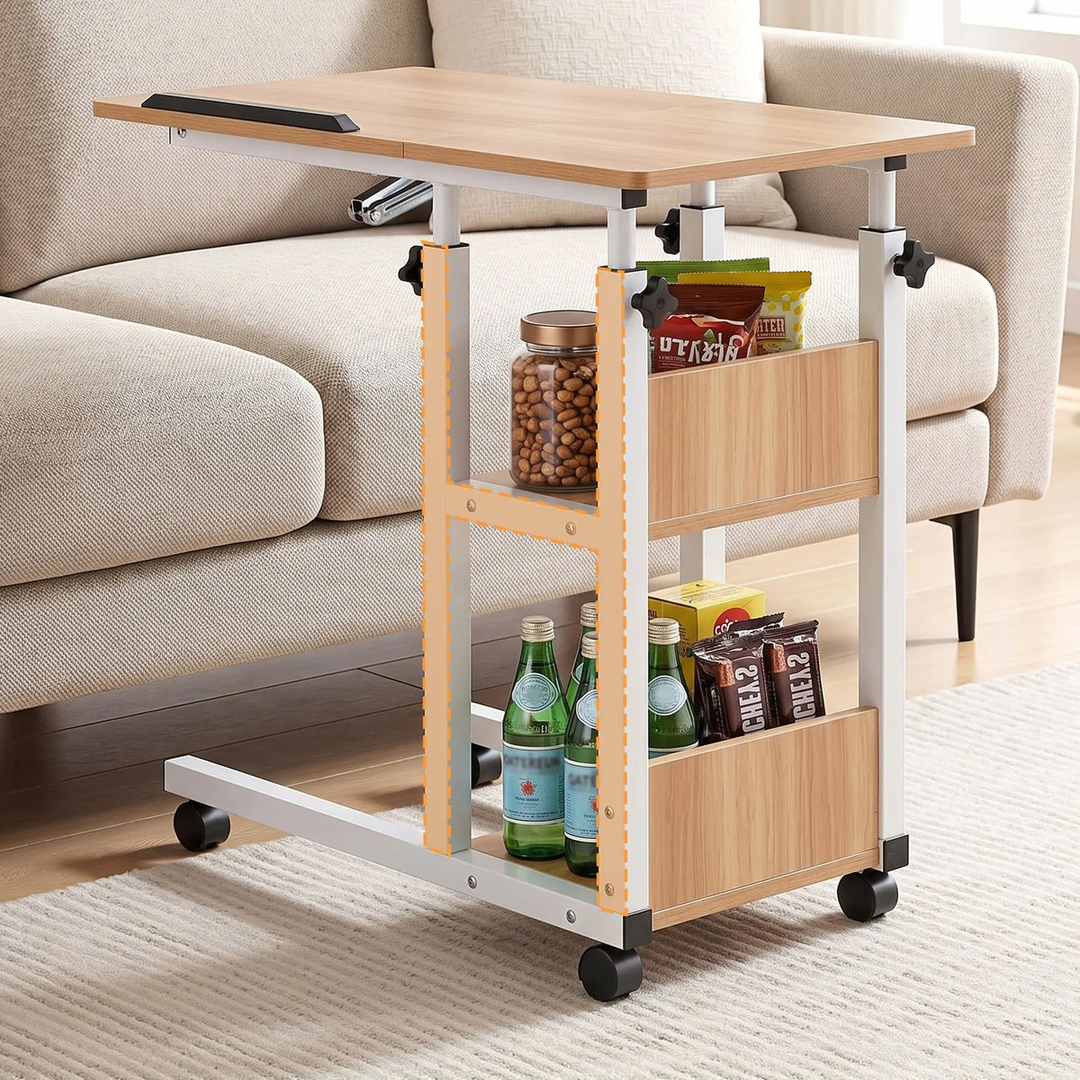 Artiss 3 Tier Adjustable Laptop Desk Tiltable Mobile Side Table Wheels Oak - Image 9