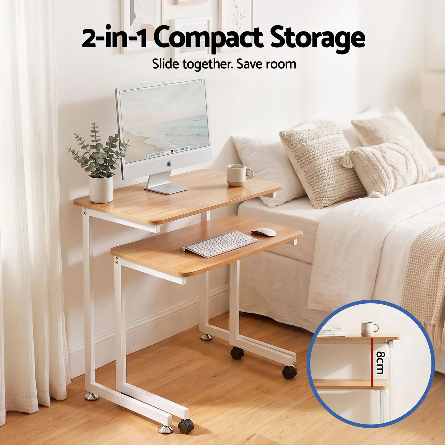 Artiss Mobile Laptop Desk Set 2-In-1 C-Shaped Nesting Table Oak - Image 5