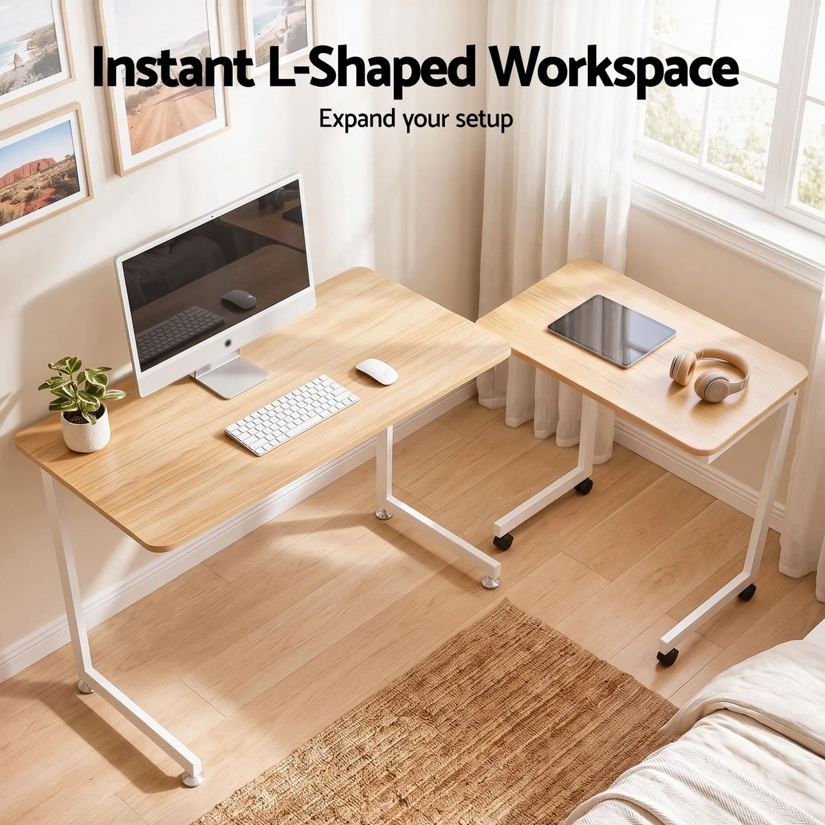 Artiss Mobile Laptop Desk Set 2-In-1 C-Shaped Nesting Table Oak - Image 6