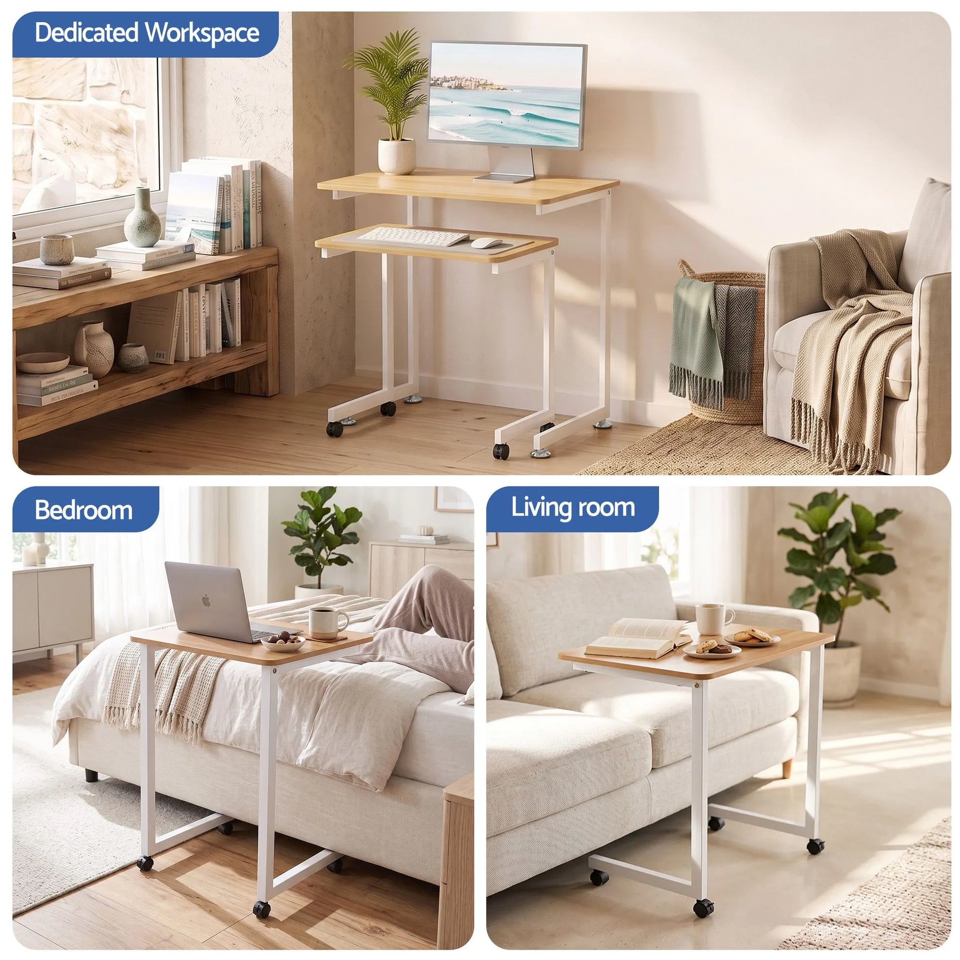 Artiss Mobile Laptop Desk Set 2-In-1 C-Shaped Nesting Table Oak - Image 9