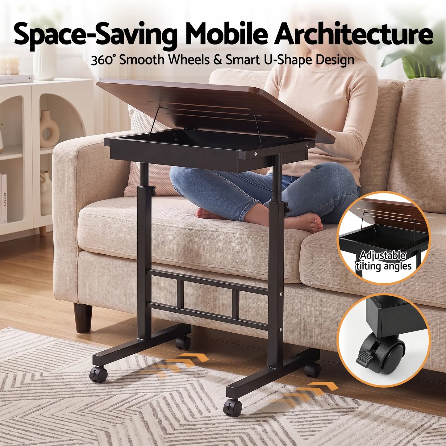 Artiss Adjustable Laptop Desk Mobile Bedside Table Hidden Storage Walnut - Image 6