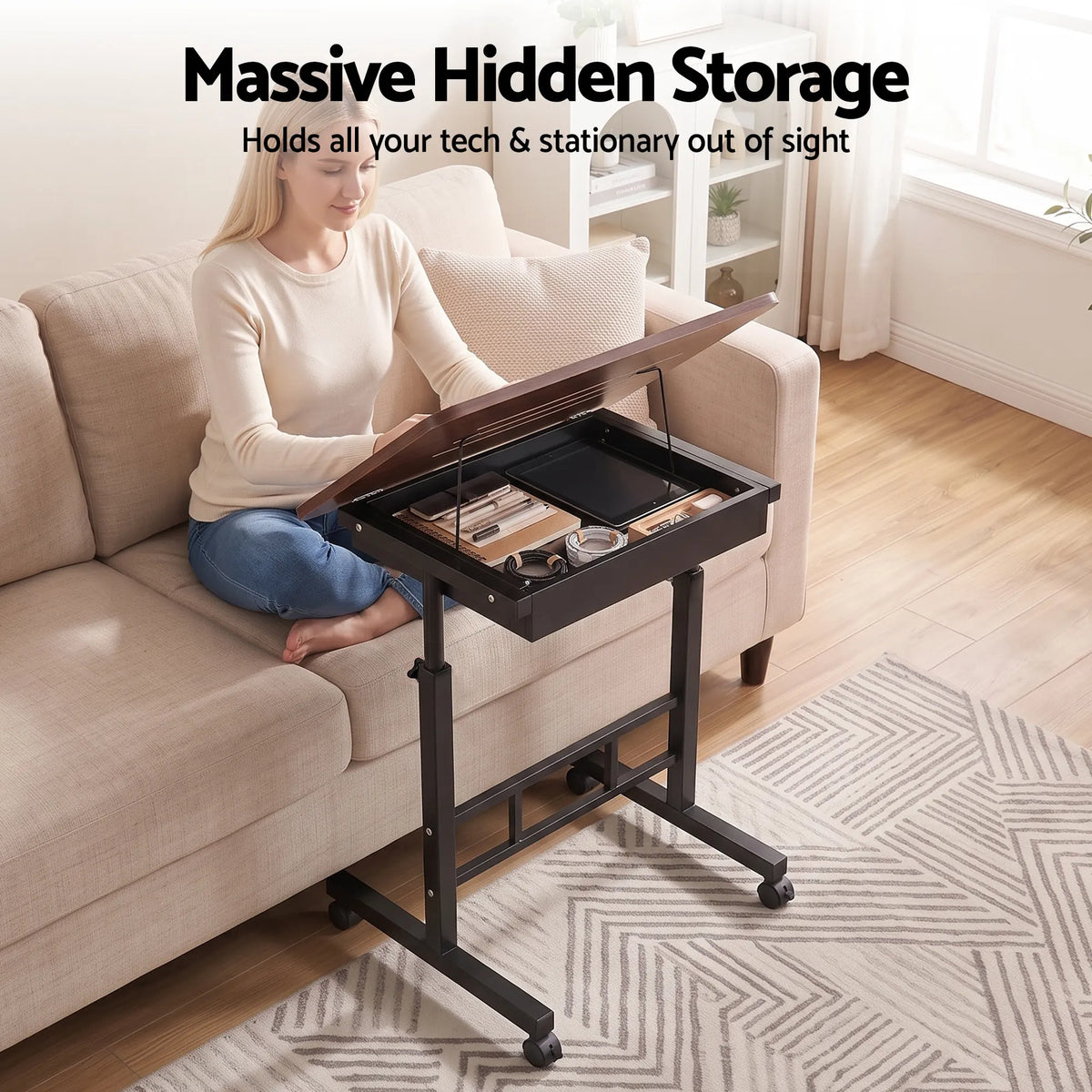 Artiss Adjustable Laptop Desk Mobile Bedside Table Hidden Storage Walnut - Image 8