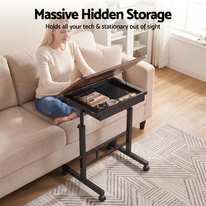 Artiss Adjustable Laptop Desk Mobile Bedside Table Hidden Storage Walnut - Image 8