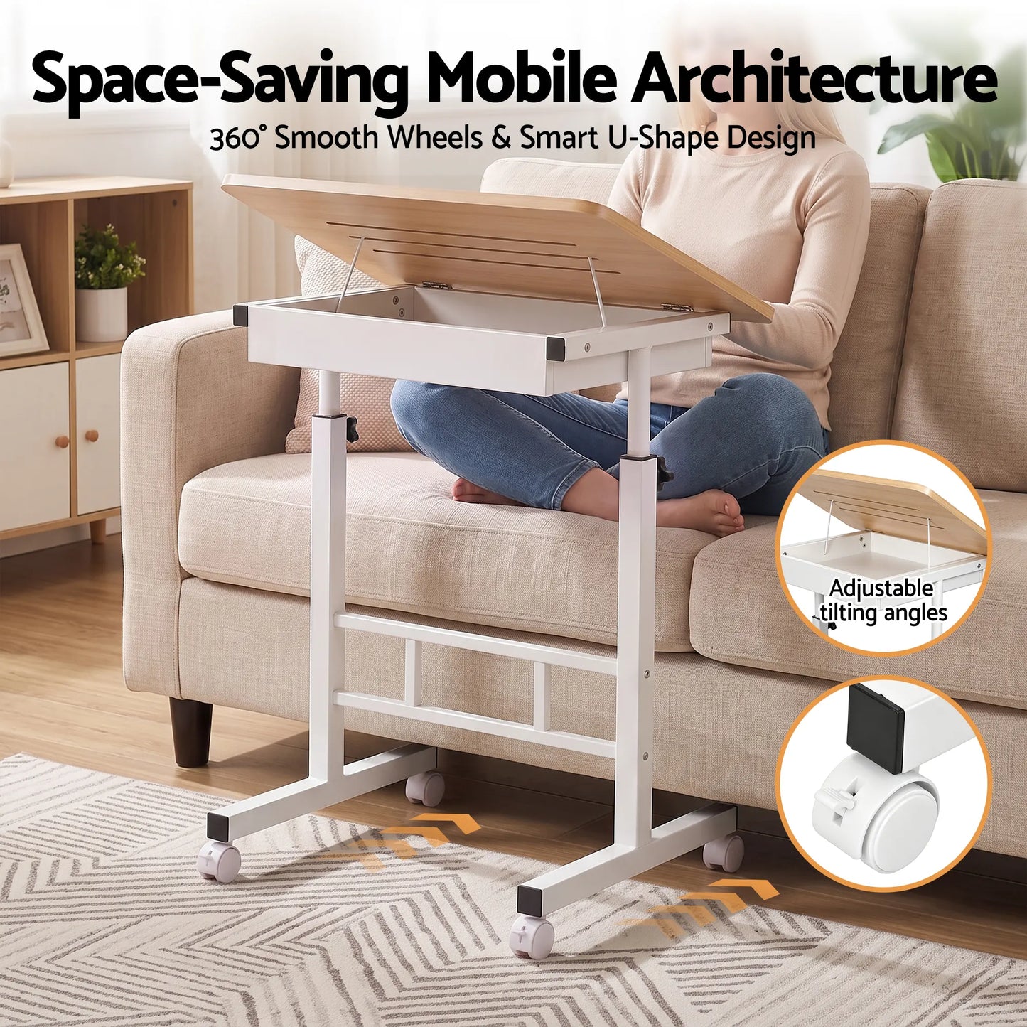 Artiss Adjustable Laptop Desk Mobile Bedside Table Hidden Storage Wood - Image 6