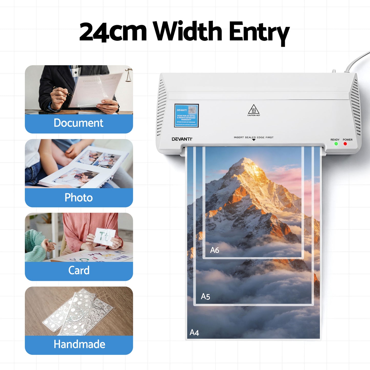 Devanti A4 Laminator Machine, Hot & Cold Thermal Fast Lamination Anti-Jam Laminator for Office School Home Document Photo Card Handmade A4 A5 A6, White - Image 4