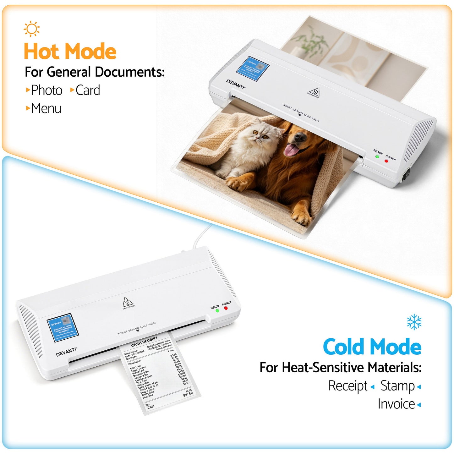 Devanti A4 Laminator Machine, Hot & Cold Thermal Fast Lamination Anti-Jam Laminator for Office School Home Document Photo Card Handmade A4 A5 A6, White - Image 5