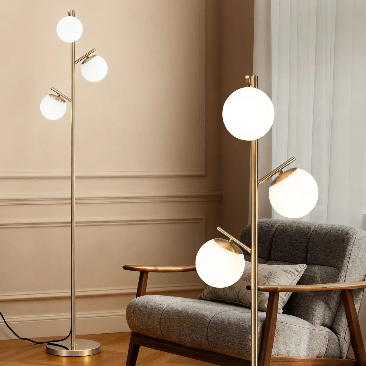 Artiss 3-Light Tree Floor Lamp 165cm Tall Standing Light with Sphere Glass Shades for Modern Homes - Image 2