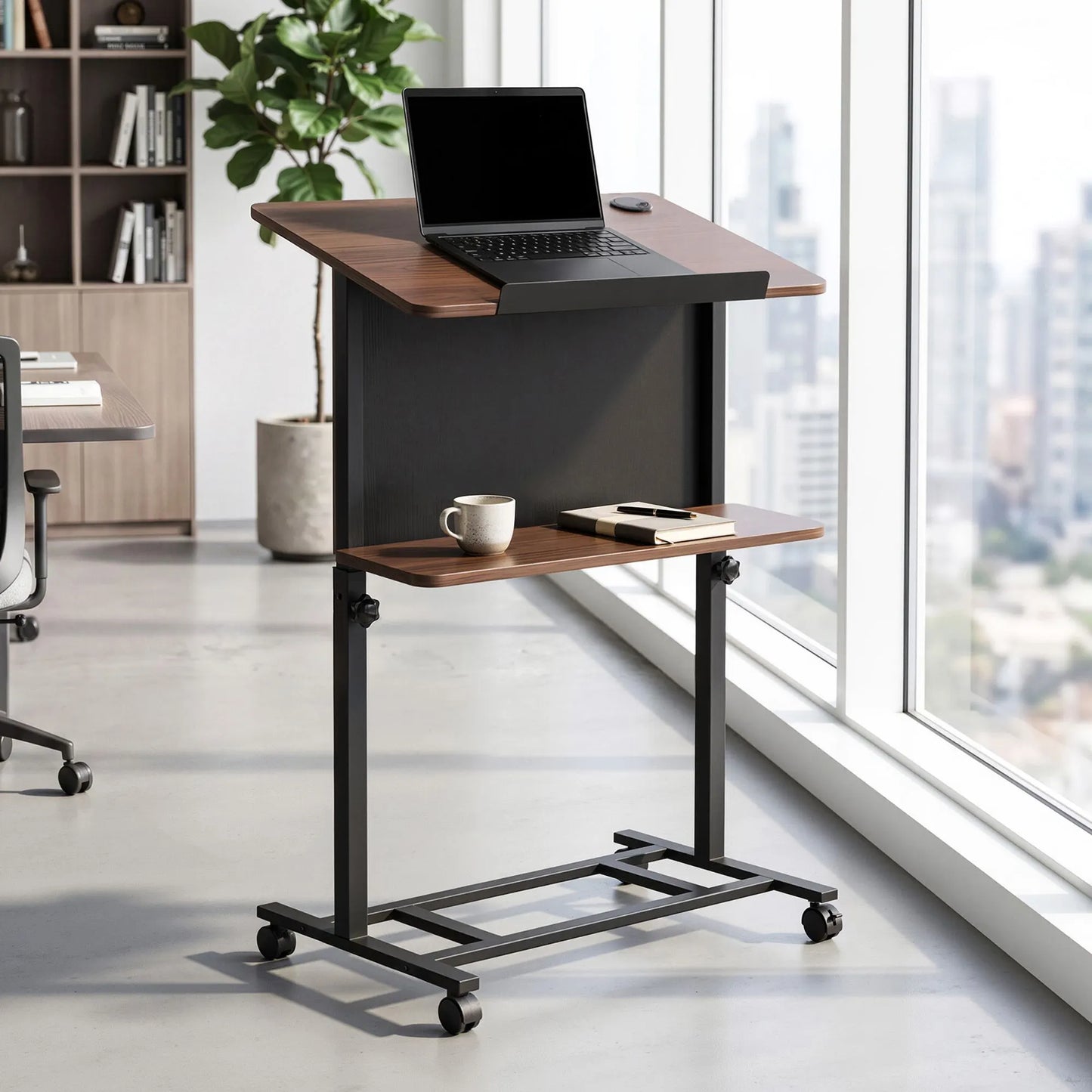 Artiss Mobile Lectern Podium Stand with Storage Shelf Height Adjustable Laptop Desk Black & Walnut