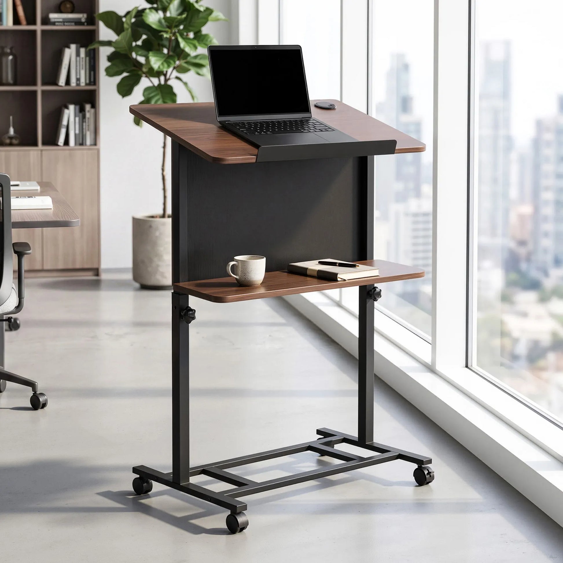 Artiss Mobile Lectern Podium Stand with Storage Shelf Height Adjustable Laptop Desk Black & Walnut