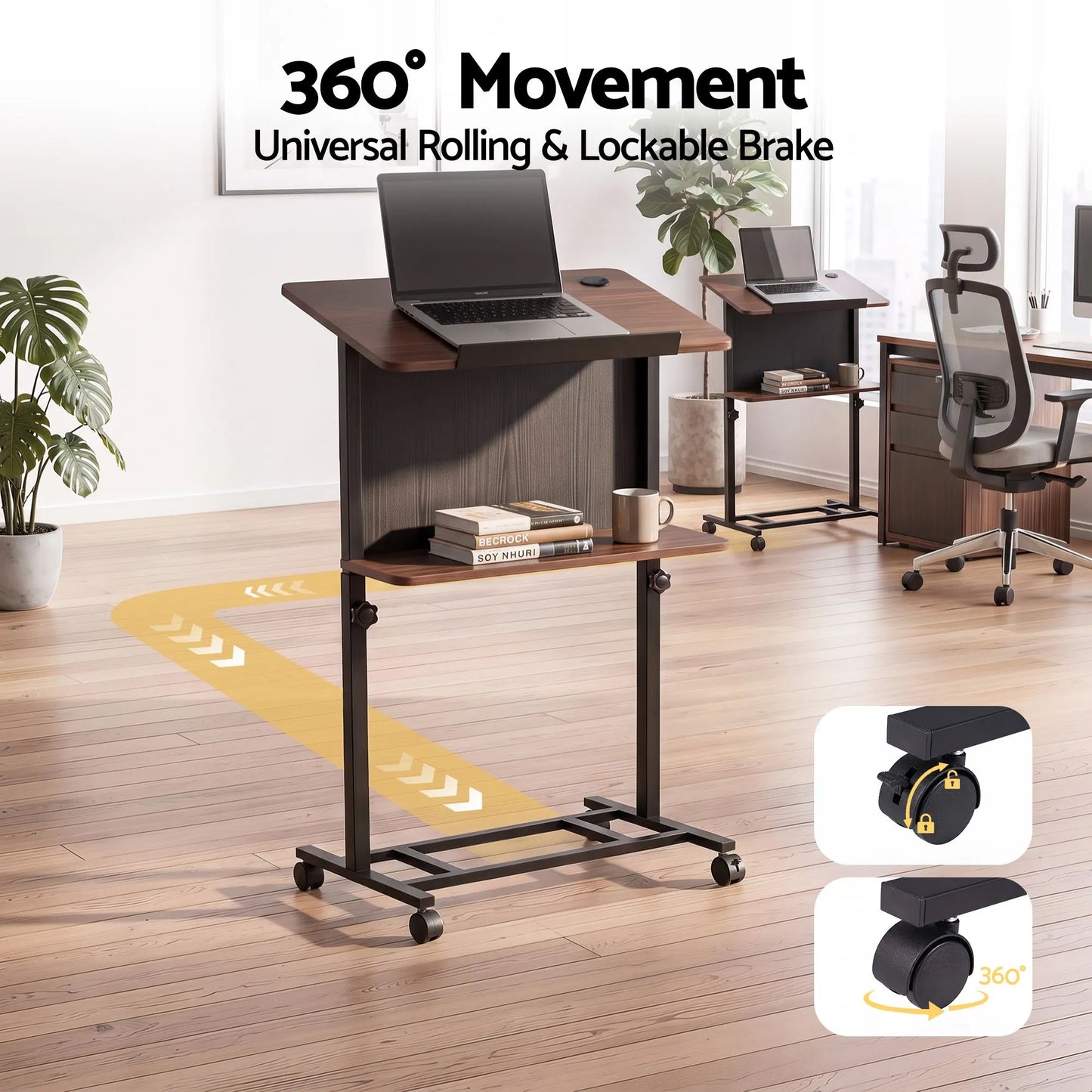 Artiss Mobile Lectern Podium Stand with Storage Shelf Height Adjustable Laptop Desk Black & Walnut - Image 7