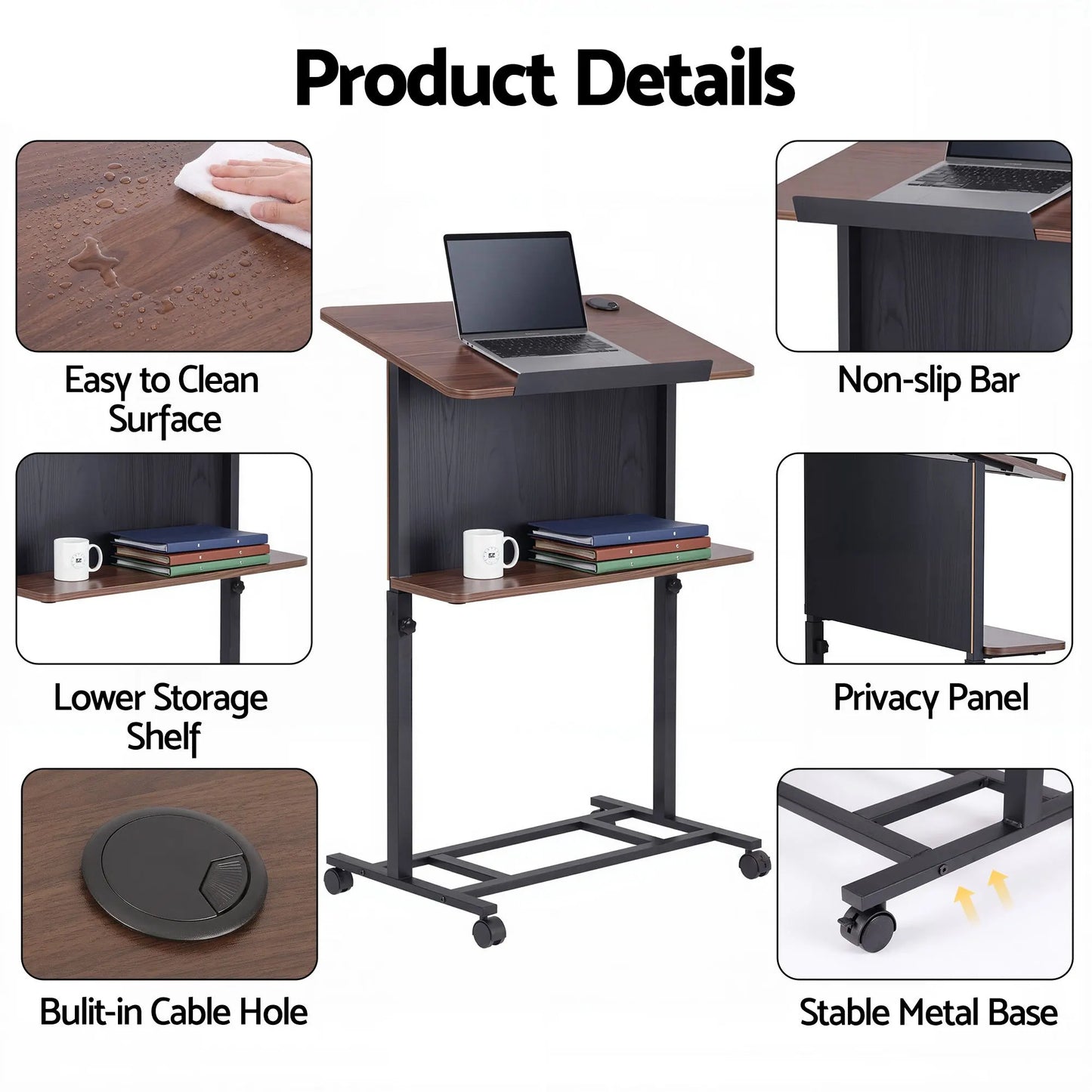 Artiss Mobile Lectern Podium Stand with Storage Shelf Height Adjustable Laptop Desk Black & Walnut - Image 9