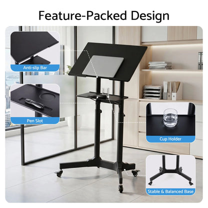 Artiss Mobile Lectern Stand, Adjustable Sit-to-Stand Presentation Podium w/ Wheels Black - Image 9