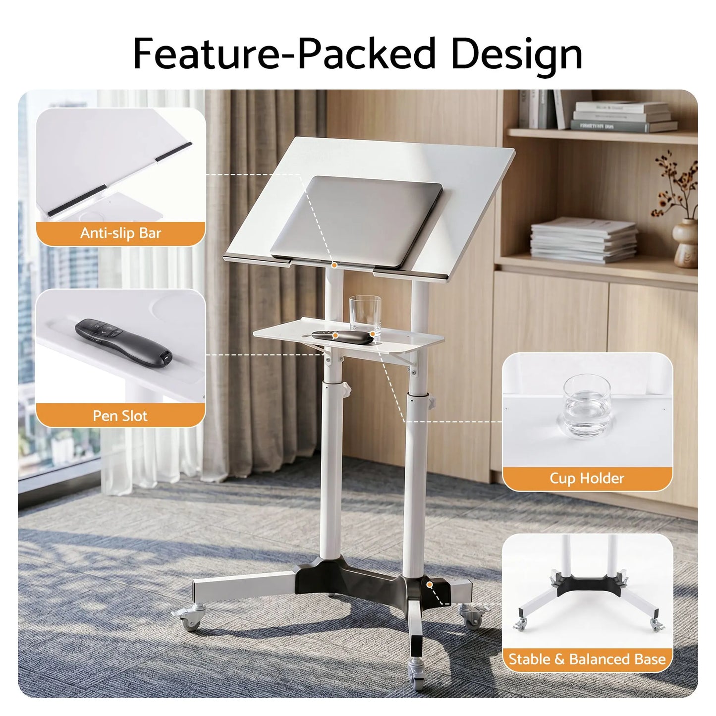 Artiss Mobile Lectern Stand, Adjustable Sit-to-Stand Presentation Podium w/ Wheels White - Image 9