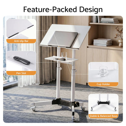 Artiss Mobile Lectern Stand, Adjustable Sit-to-Stand Presentation Podium w/ Wheels White - Image 9