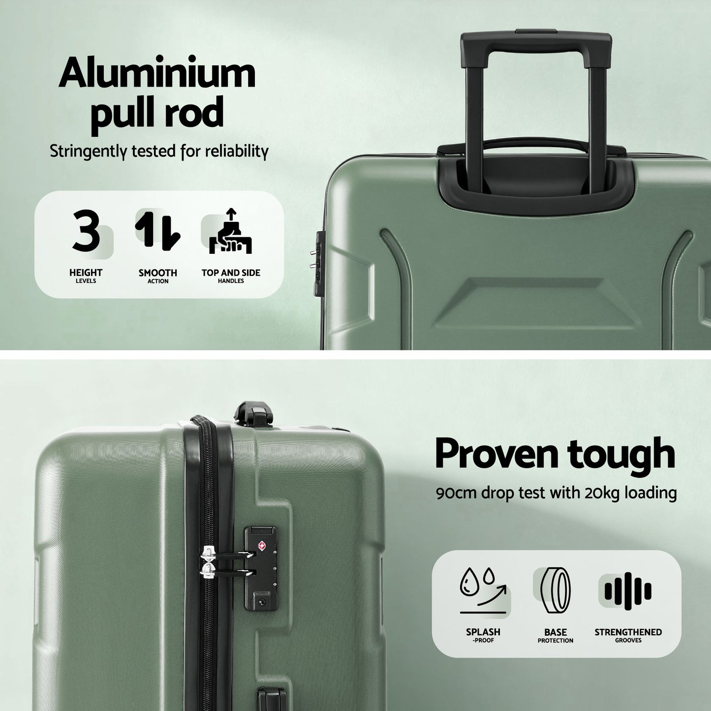 Wanderlite 3pcs Luggage Suitcase Set Trolley Travel TSA Lightweight Hard Case Grey Green - Image 5