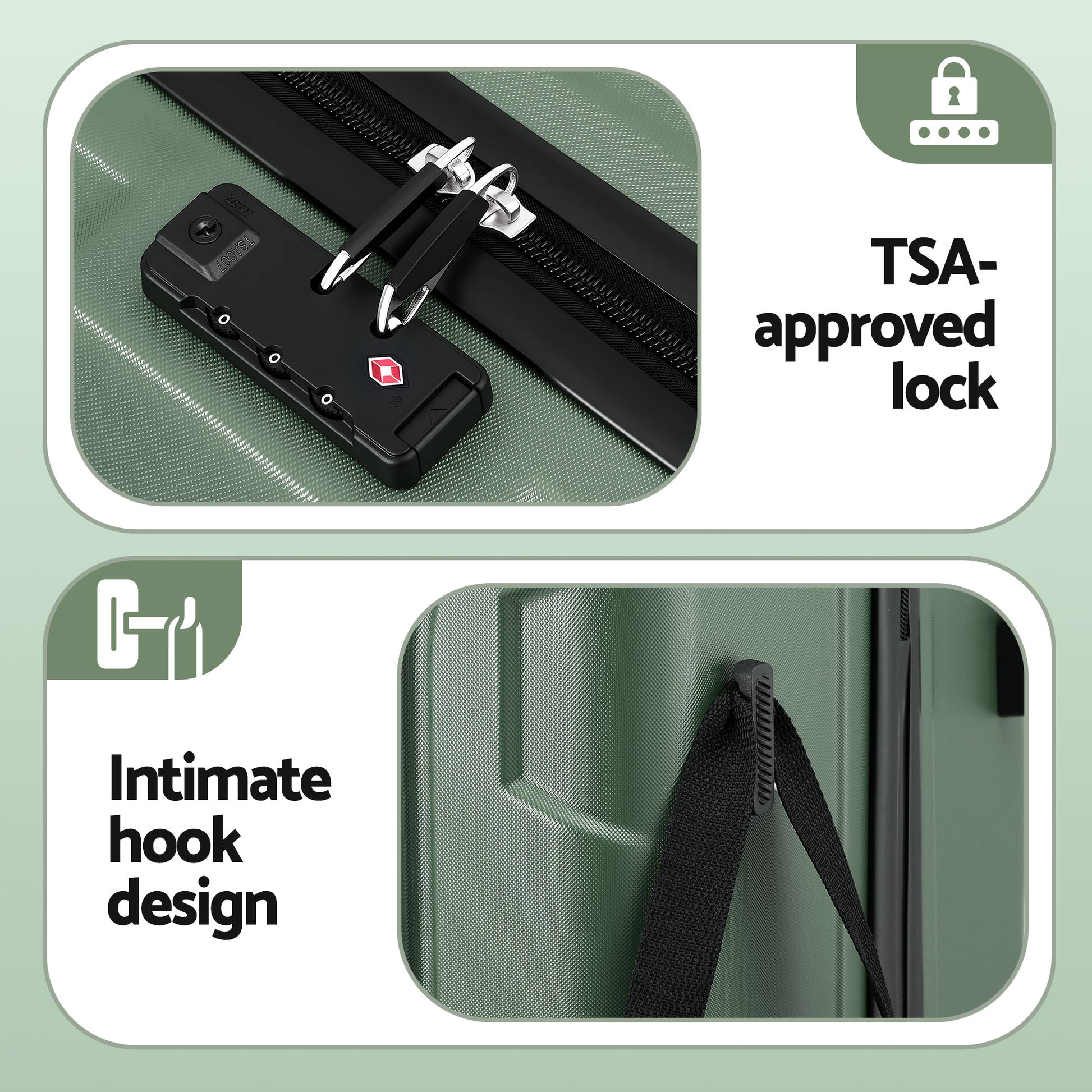 Wanderlite 3pcs Luggage Suitcase Set Trolley Travel TSA Lightweight Hard Case Grey Green - Image 6