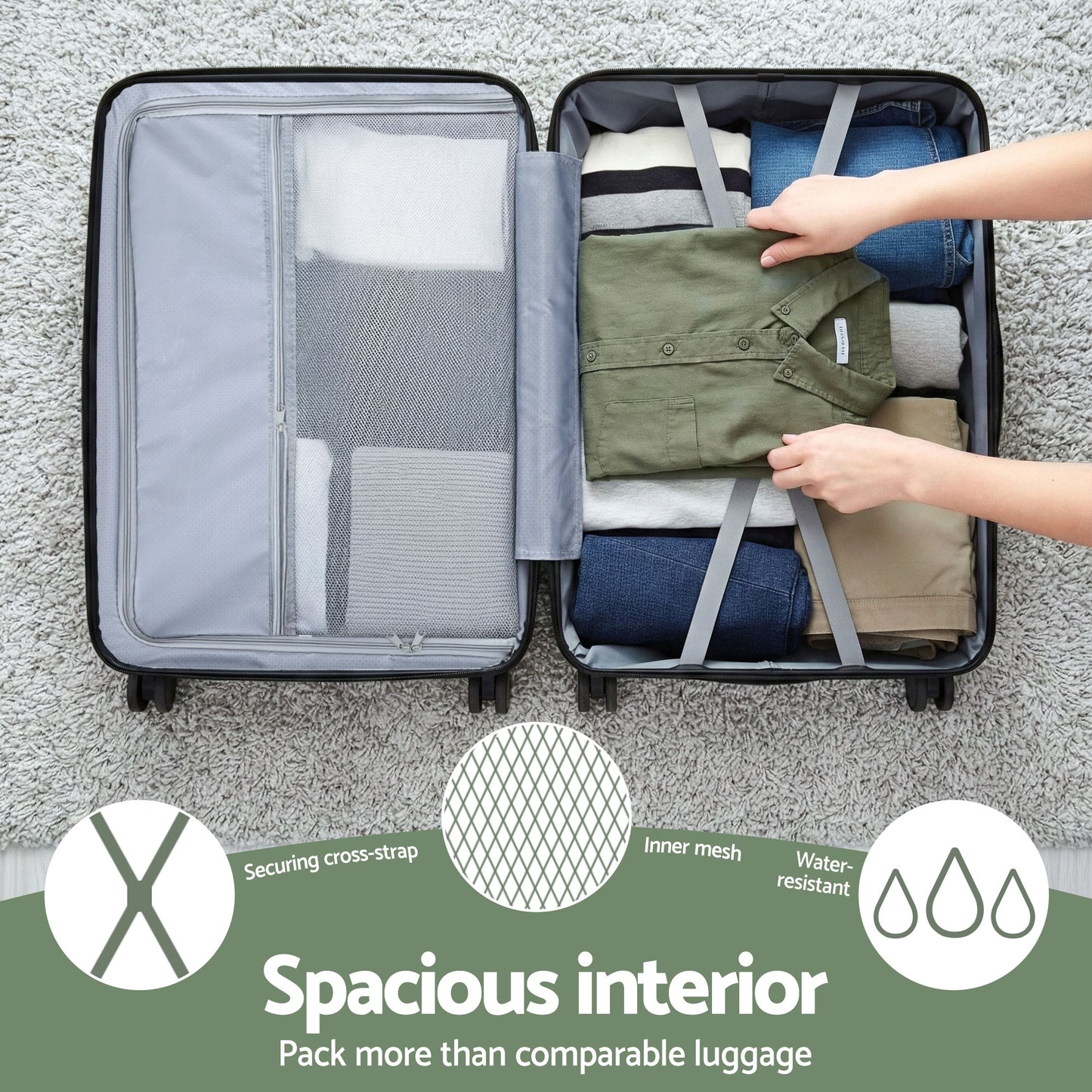 Wanderlite 3pcs Luggage Suitcase Set Trolley Travel TSA Lightweight Hard Case Grey Green - Image 8
