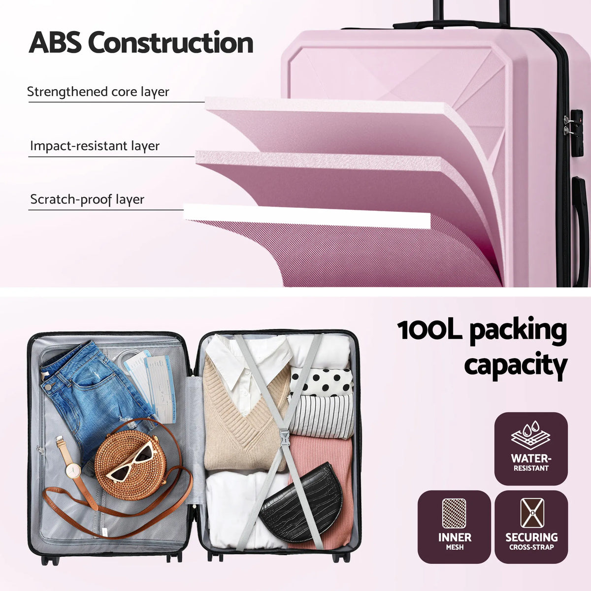 Wanderlite 28" Luggage Suitcase Trolley Travel Lightweight TSA Hardshell Pink - Image 4