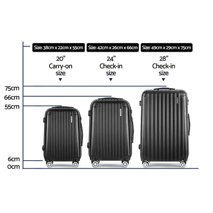 Wanderlite 3 Set Luggage 20-24-28 Inch with TSA Lock Spinner Hard Shell Travel Suitcase Luggage Organiser Case Black - Image 2