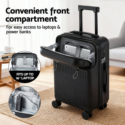 Wanderlite 20" Luggage Suitcase Front Pocket Travel Carry On TSA Black - Image 4