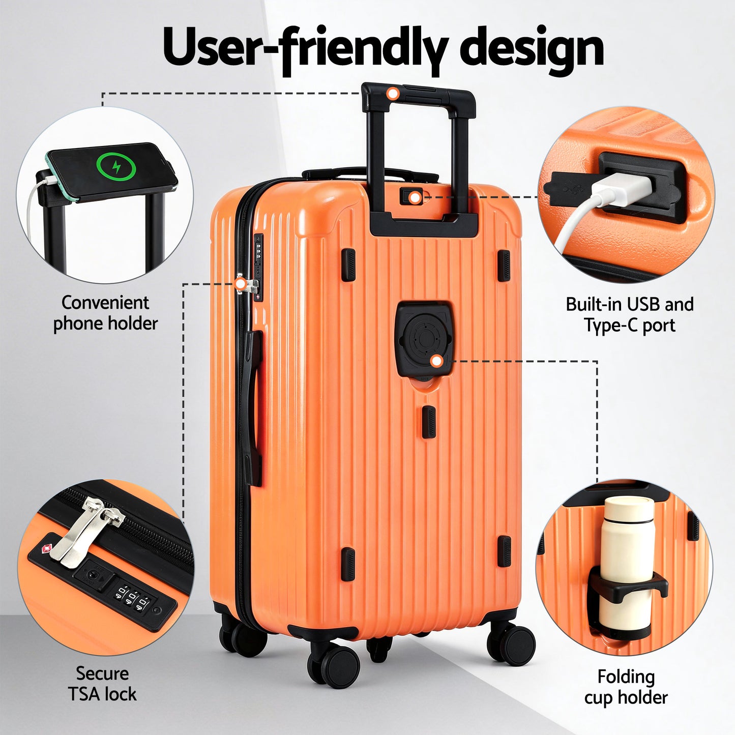 Wanderlite 28" Trunk Luggage Suitcase Travel 5 Wheels Type-C Port TSA Orange - Image 5