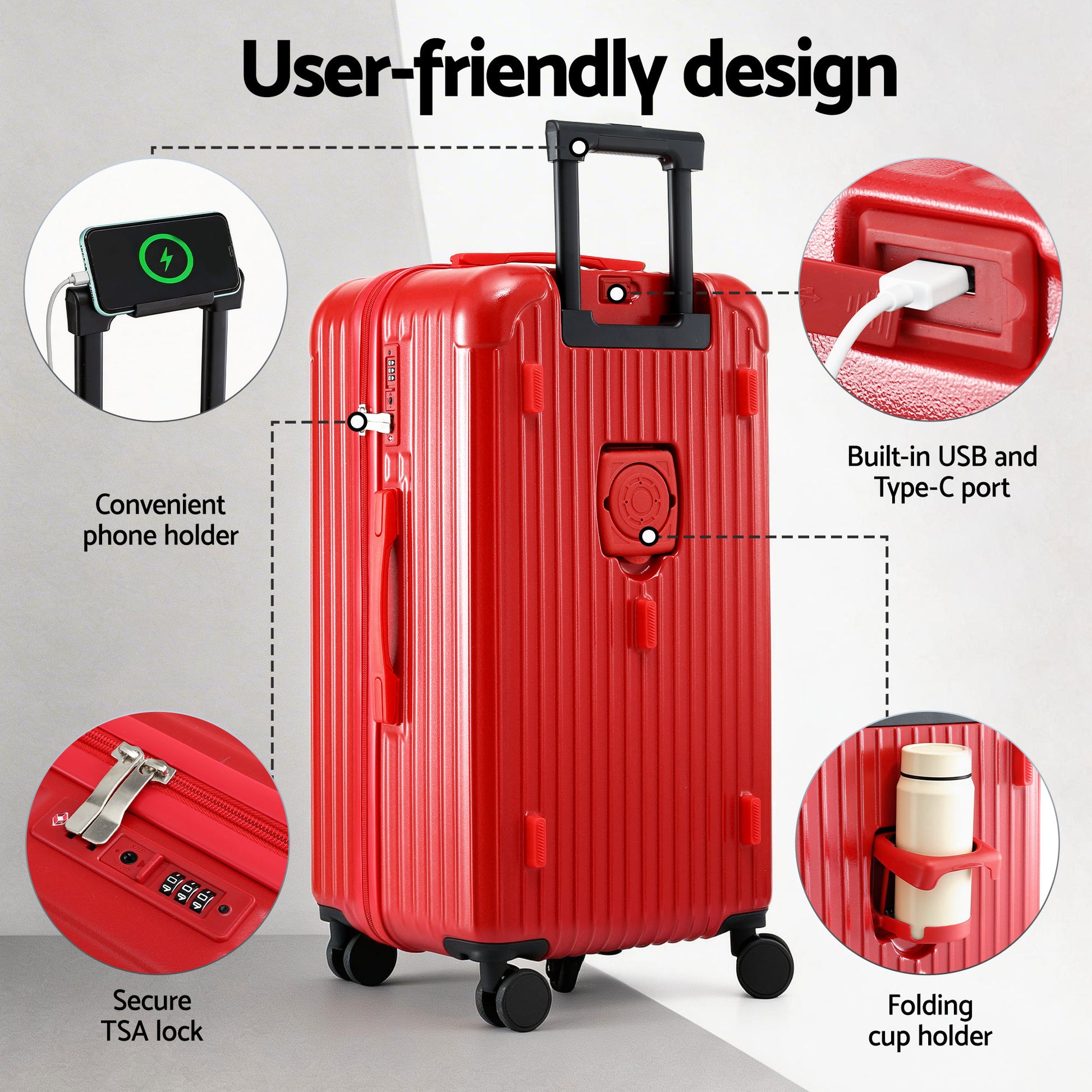 Wanderlite 28" Trunk Luggage Suitcase Travel 5 Wheels Type-C Port TSA Red - Image 5