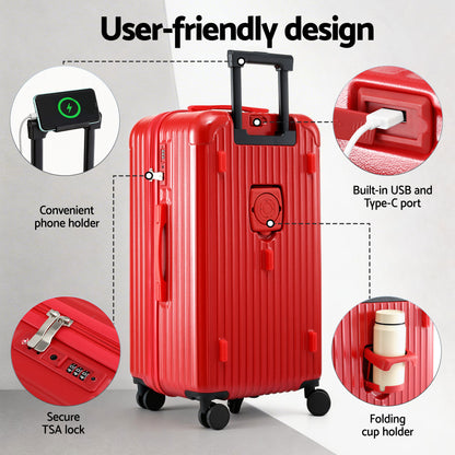 Wanderlite 28" Trunk Luggage Suitcase Travel 5 Wheels Type-C Port TSA Red - Image 5
