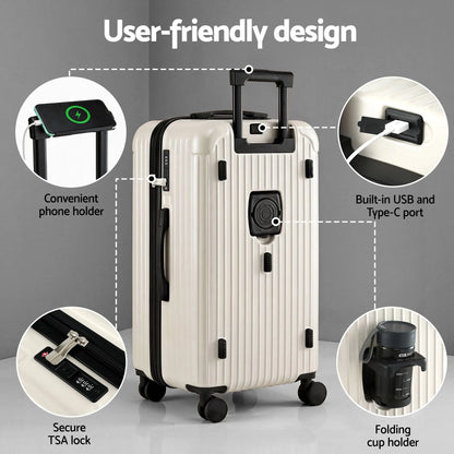 Wanderlite 28" Trunk Luggage Suitcase Travel 5 Wheels Type-C Port TSA Smoky White - Image 5