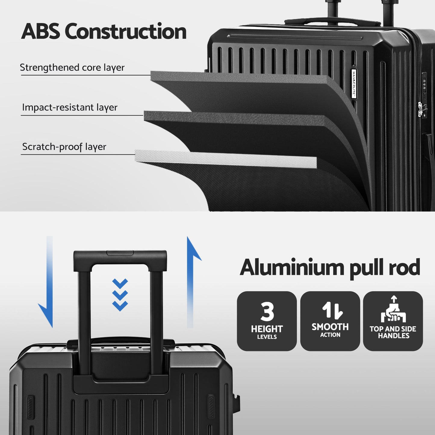 Wanderlite 4pcs Trunk Luggage Suitcase Set Travel Carry On TSA Lock Black - Image 8