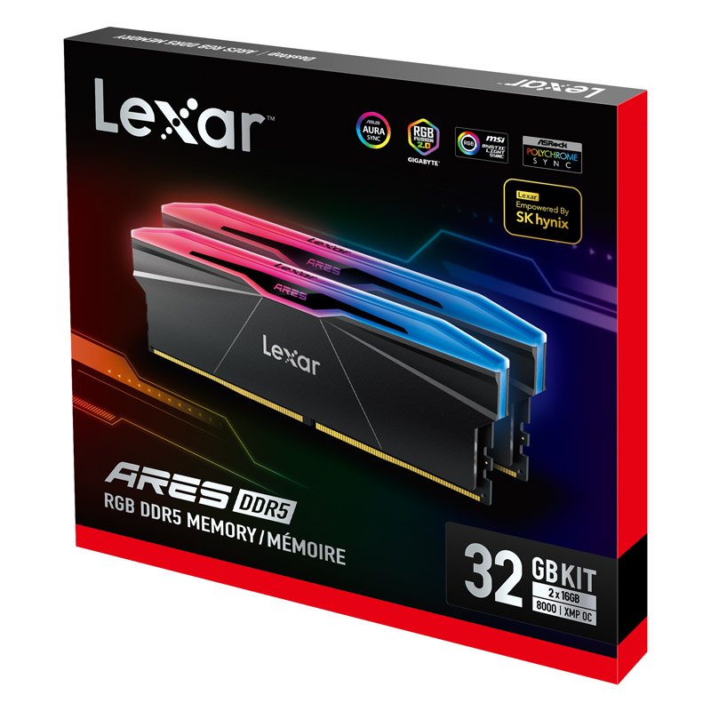 Lexar LD5U16G80C38BR-RGD ARES 2nd Gen U-DIMM DDR5 8000 32GB Kit (16GB*2),CL38,  RGB Black,  dual...