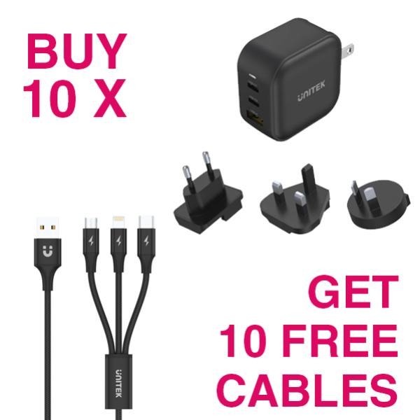 KIT- BUY 10 x Unitek PD66W GaN 3-Port Travel Chargers (Black) + 10 x FREE Unitek 1.2m 3-in-1 USB...