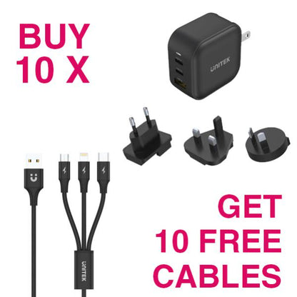 KIT- BUY 10 x Unitek PD66W GaN 3-Port Travel Chargers (Black) + 10 x FREE Unitek 1.2m 3-in-1 USB...