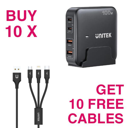 KIT - BUY 10 x Unitek PD100W 4-in-1 GaN Desktop Charging Stations + 10 x FREE Unitek 1.2m 3-in-1...