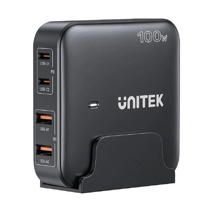 Unitek 4-in-1 Desktop GaN Charger, USB-C x2 PD, USB-A QC 3.0 x2 with Power Cord, 100W, Black, Uni...