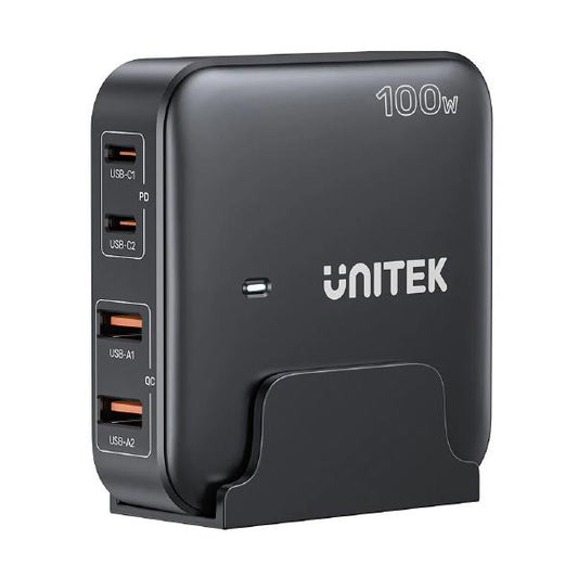 Unitek 4-in-1 Desktop GaN Charger, USB-C x2 PD, USB-A QC 3.0 x2 with Power Cord, 100W, Black, Uni...
