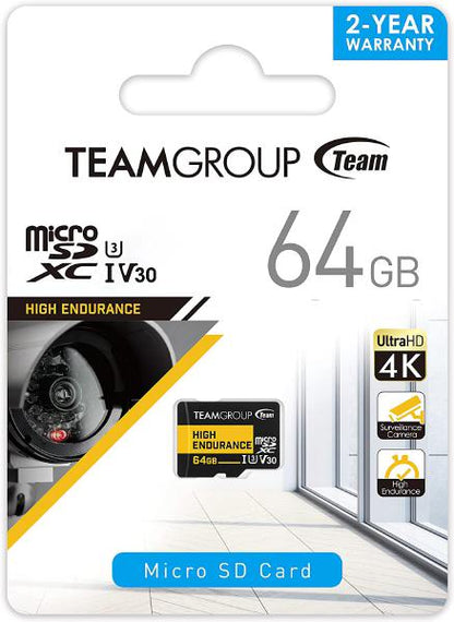 Team Group HIGH ENDURANCE 64GB Micro SDXC UHS-I U3 V30 4K 100MB/s (Designed for Monitoring) Stabl...