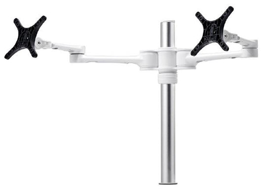 Atdec Dual Monitor Swing Arms Mount on Post. Up to 32", Max load: 8kg (flat), 5.5kg (curved), Bolt-Through and F-Clamp, VESA up to 100x100. White.
