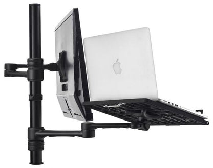 Atdec Notebook-Monitor Combo Mount on Post. Max load: 8kg (Flat), 5.5kg (curved). Up to 32" screens. Up to 18" notebooks (8kg). VESA 100x100. Black