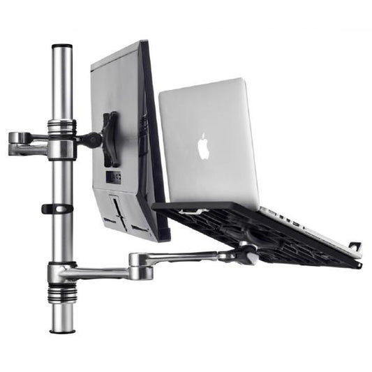 Atdec Notebook-Monitor Combo Mount on Post. Max load: 8kg (Flat), 5.5kg (curved). Up to 32" screens. Up to 18" notebooks (8kg). VESA 100x100. Silver