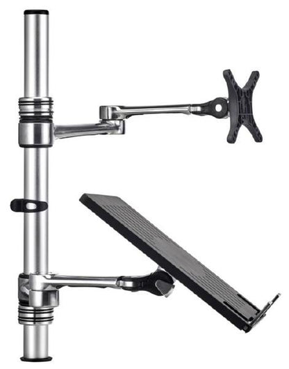 Atdec Notebook-Monitor Combo Mount on Post. Max load: 8kg (Flat), 5.5kg (curved). Up to 32" screens. Up to 18" notebooks (8kg). VESA 100x100. Silver