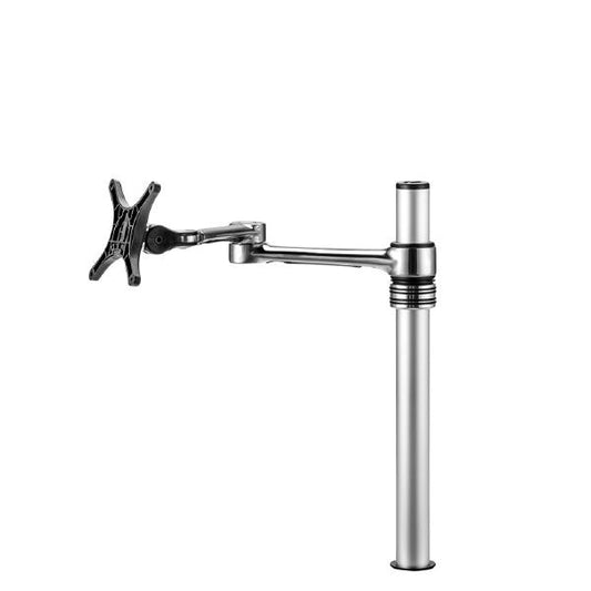 Atdec Single Monitor Swing Arm on Post. Up to 32" screens, Max load: 8kg (flat), 5.5kg (curved), Bolt-Through and F-Clamp, VESA up to 100x100. Silver.