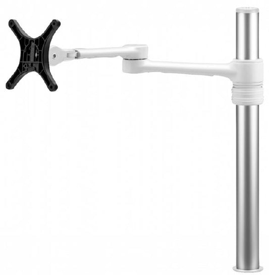 Atdec Single Monitor Swing Arm on Post. Up to 32" screens, Max load: 8kg (flat), 5.5kg (curved), Bolt-Through and F-Clamp, VESA up to 100x100. White.