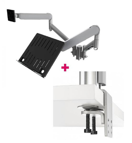 Atdec AWMS-2-ND13 Laptop-Monitor Combo Mount on 135mm Post. Max Load: 8kg,  Heavy Duty F-Clamp Desk Fixing, VESA up to 100x100. Silver