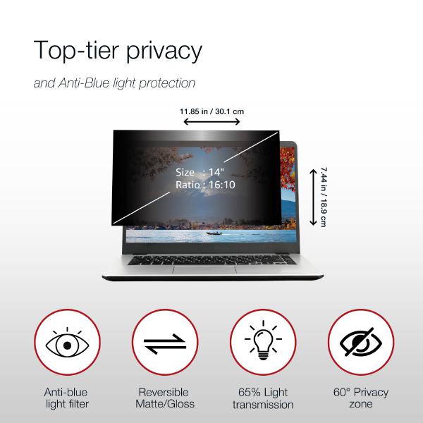 Shintaro Privacy Screen Filter 14" for Laptop with Adhesive Strips, 16:10, Anti-glare & Blue Ligh... - Image 2