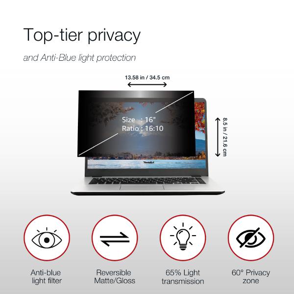 Shintaro Privacy Screen Filter 16" for Laptop with Adhesive Strips, 16:10, Anti-glare & Blue Ligh... - Image 4