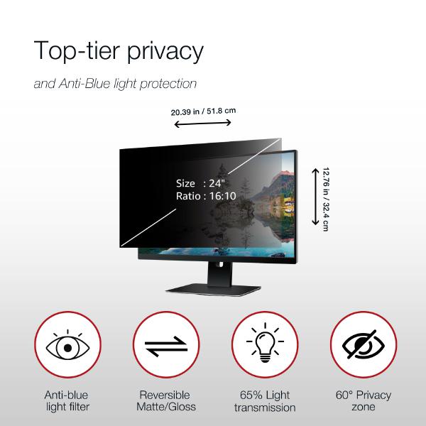 Shintaro Privacy Screen Filter 24" for Monitor with Adhesive Strips, 16:10, Anti-glare & Blue Lig... - Image 4