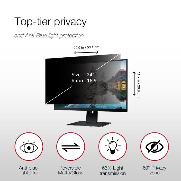 Shintaro Privacy Screen Filter 24" for Monitor with Adhesive Strips, 16:9, Anti-glare & Blue Ligh... - Image 4
